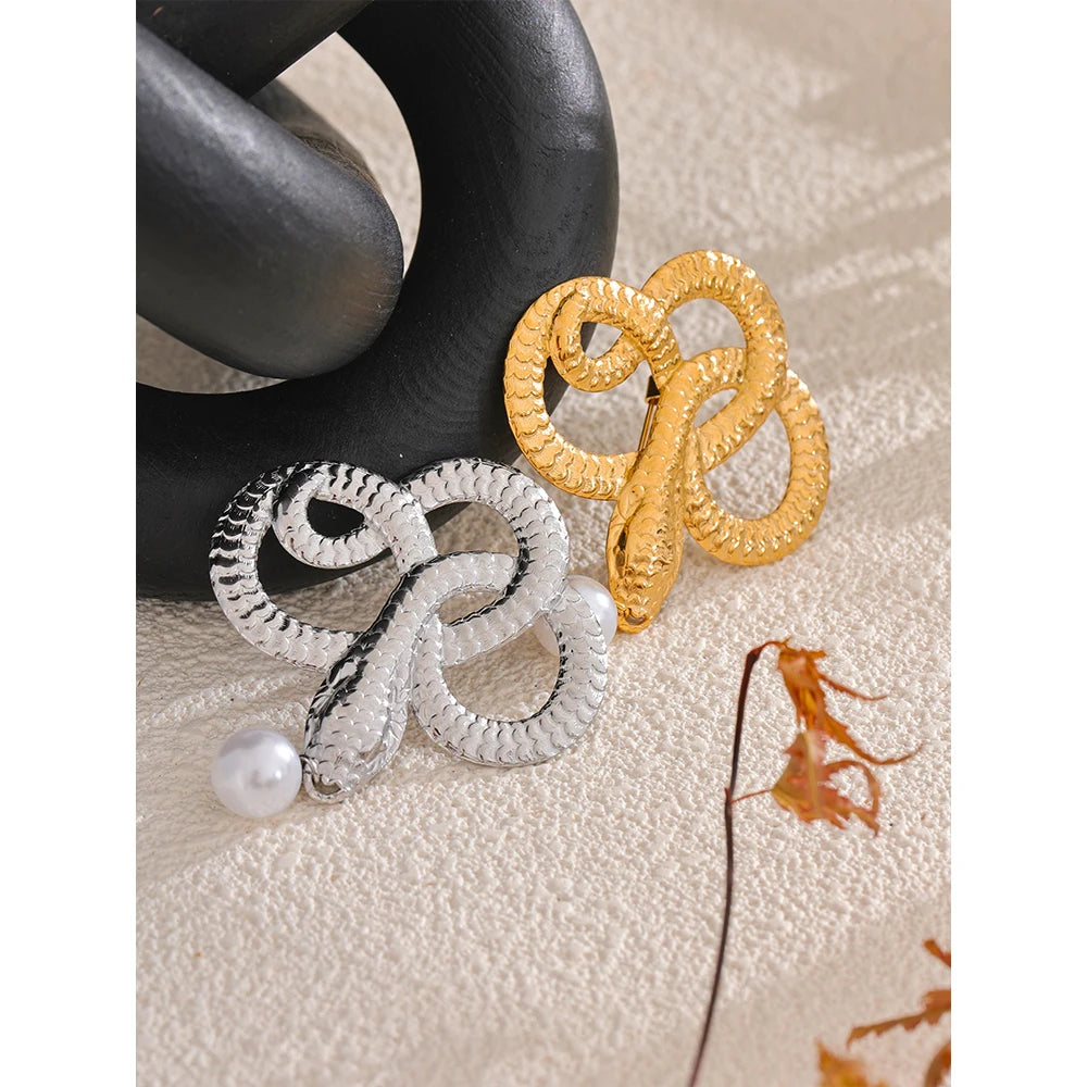 Snake Drop Pearl Brooch – 316L Stainless Steel Gold-Plated Pin