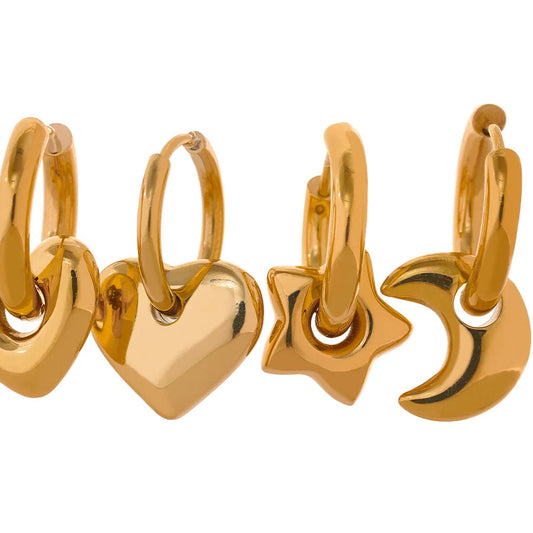 Star Moon Heart Pendant Drop Hoop Huggie Earrings 18k Gold Plated Trendy Waterproof Stainless Steel Fashion Charm Jewelry