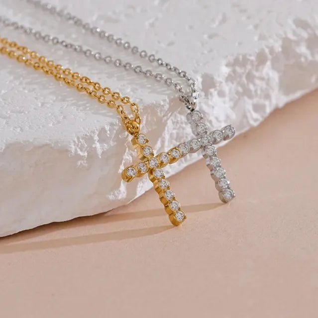 Cubic Zirconia Cross Pendant – 316L Gold Stainless Steel Necklace