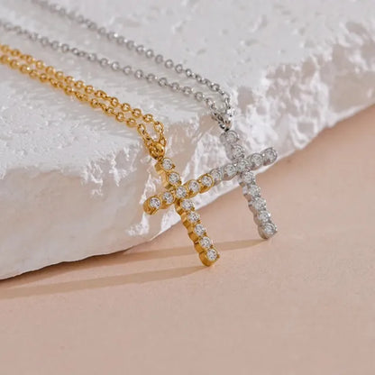 Cubic Zirconia Cross Pendant – 316L Gold Stainless Steel Necklace