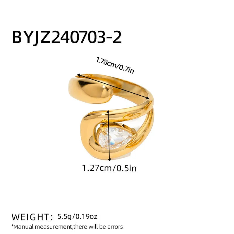 18K Gold Plated Stainless Steel Open Ring Inlaid with Water Drop Shaped Zircon Anti-allergic Metal Personality Jewelry for Women