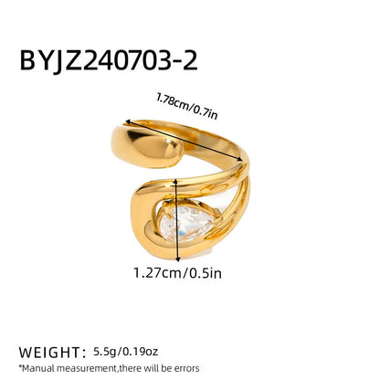 18K Gold Plated Stainless Steel Open Ring Inlaid with Water Drop Shaped Zircon Anti-allergic Metal Personality Jewelry for Women