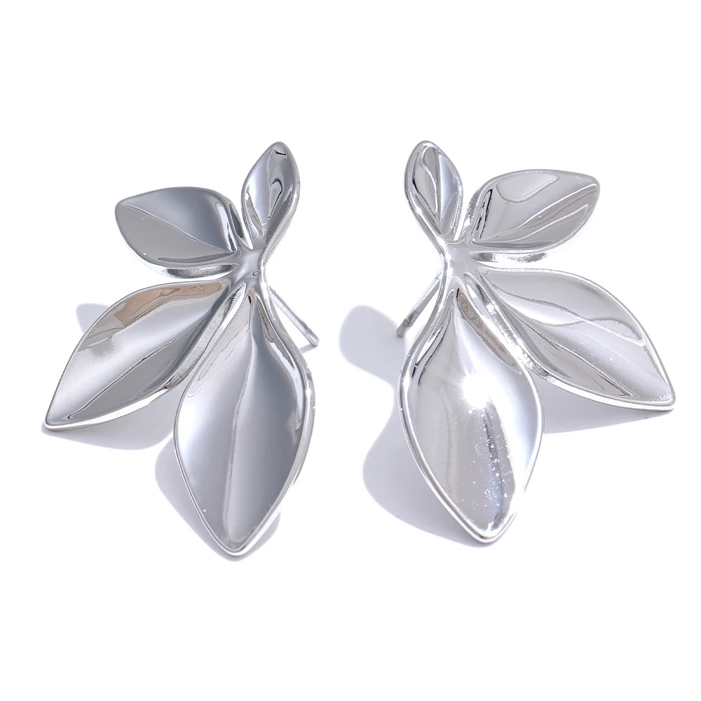 Stainless Steel Flower Leaves Stud Earrings - Hypoallergenic Waterproof Charm Texture High Quality Jewelry