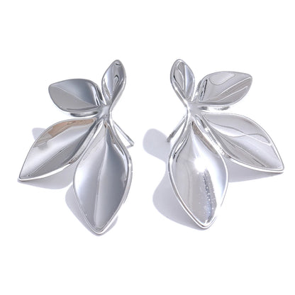 Stainless Steel Flower Leaves Stud Earrings - Hypoallergenic Waterproof Charm Texture High Quality Jewelry