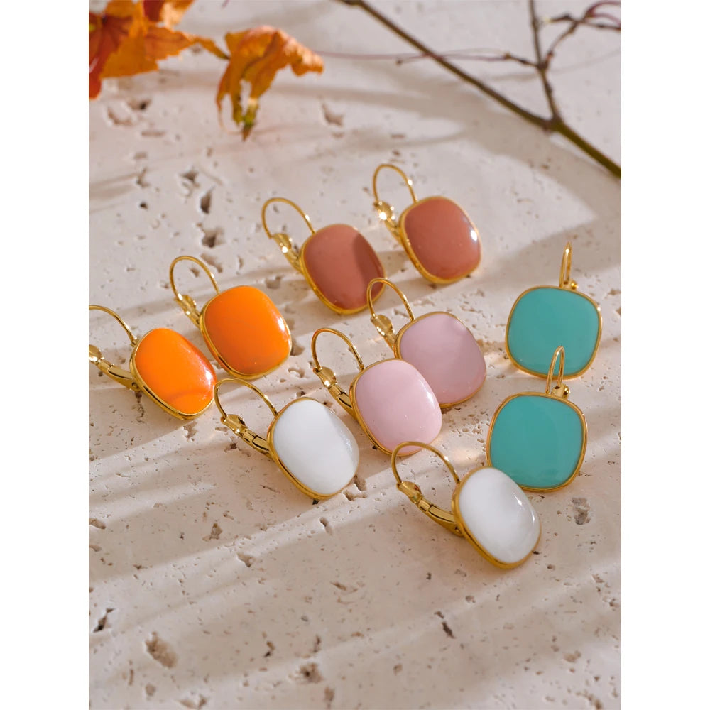 Joyful Candy Multicolored Enamel Square Hoop Earrings 18K Golden Plated Waterproof Stainless Steel Spring Summer Jewelry