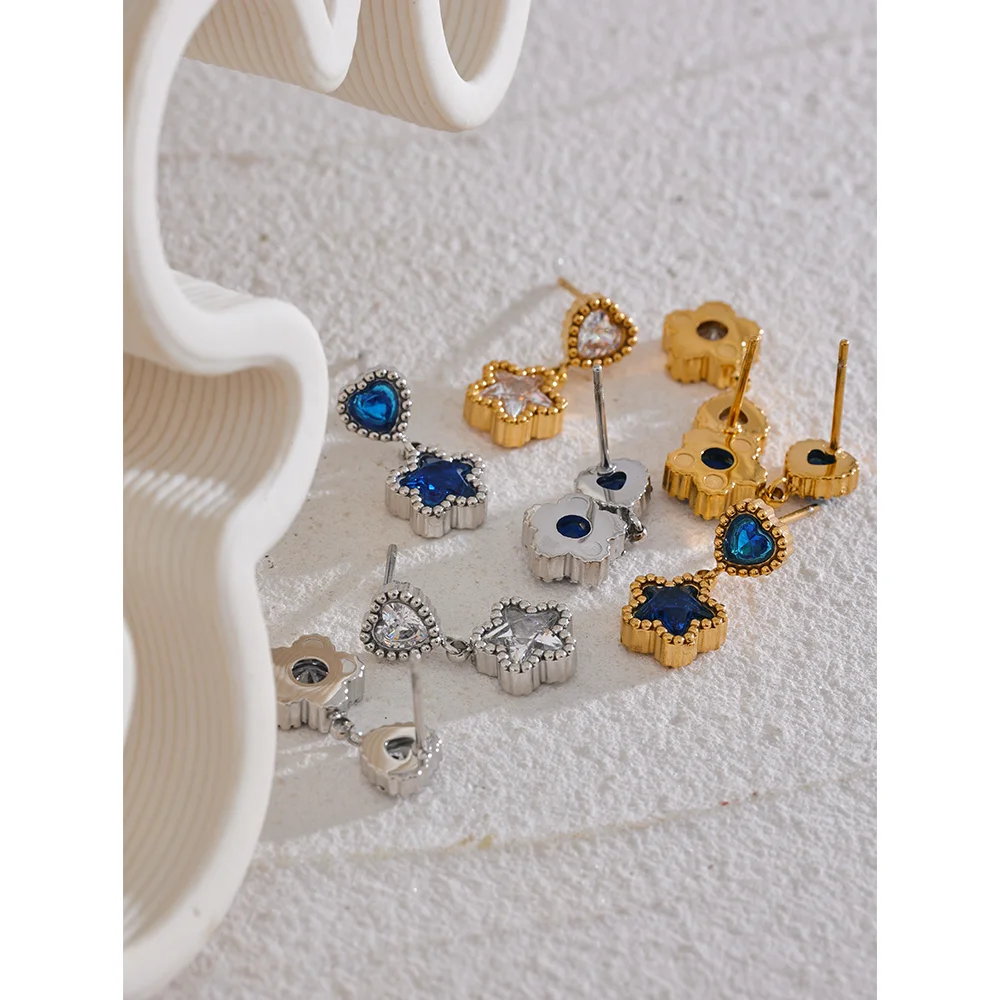 High Quality Blue White Cubic Zirconia Stainless Steel Heart Star Drop Earrings - 18K Gold Plated Jewelry