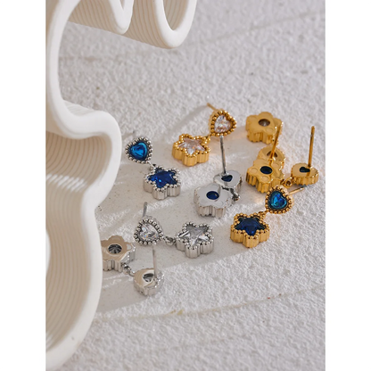 High Quality Blue White Cubic Zirconia Stainless Steel Heart Star Drop Earrings - 18K Gold Plated Jewelry