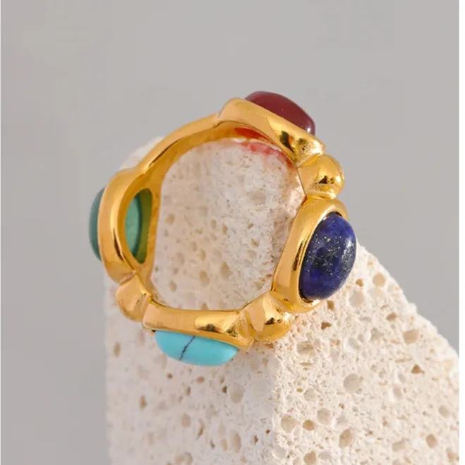 Luxe Jewels Natural Stone Vintage Charm Ring – 18K Gold Plated Stainless Steel Fashion Jewelry for Women