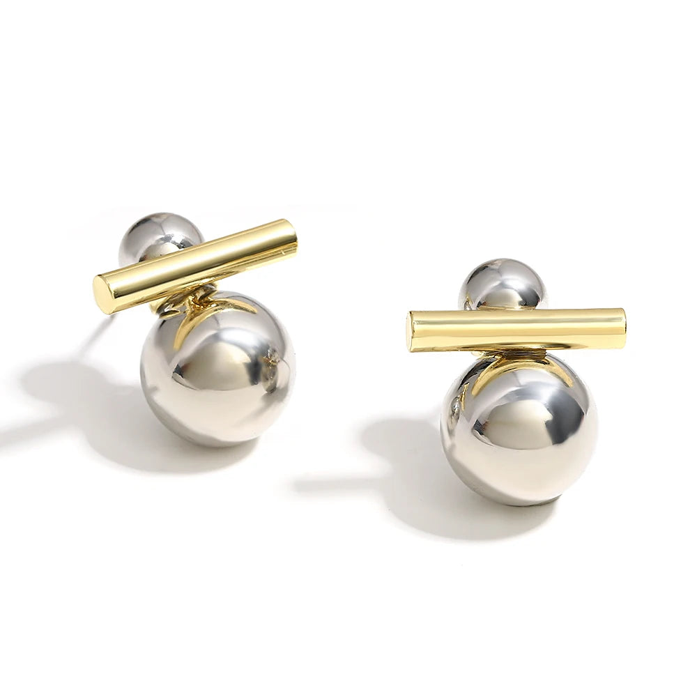 Greatera Trendy Two Tone Double Metal Ball Drop Earrings For Women Gold Silver Color Geometric Statement Earrings Jewelry 2023