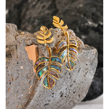 Stainless Steel Big Leaves Drop Dangle Earrings 18k PVD Plated Fashion Summer Jewelry