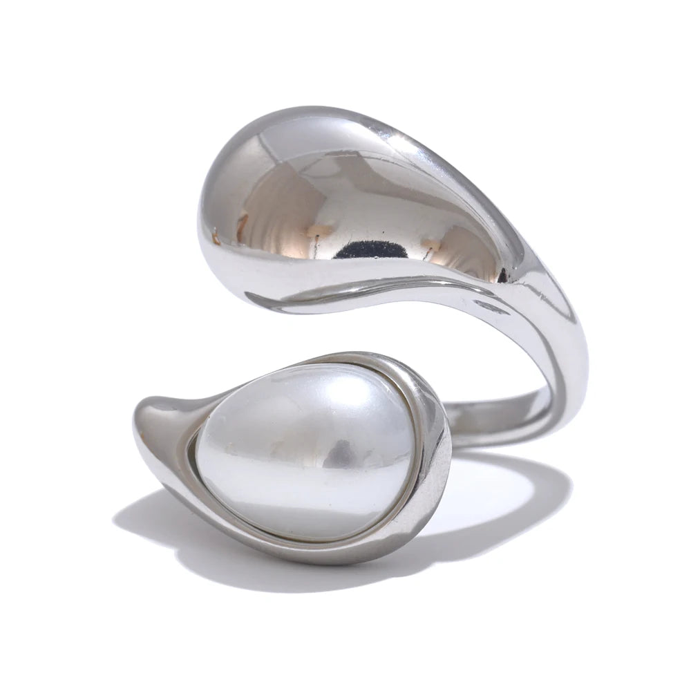Luxe Jewels Pearl Adjustable Ring for Women - Stainless Steel Gold Jewelry