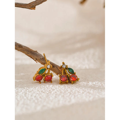 Red Cubic Zirconia Cherry Fruit Stud Earrings for Women Stainless Steel Waterproof Jewelry