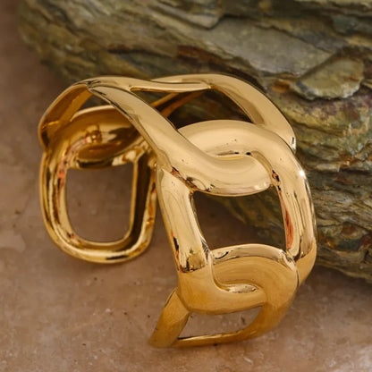 Wide Hollow Stainless Steel Cuff Bracelet – 18K Real Gold Plated Waterproof