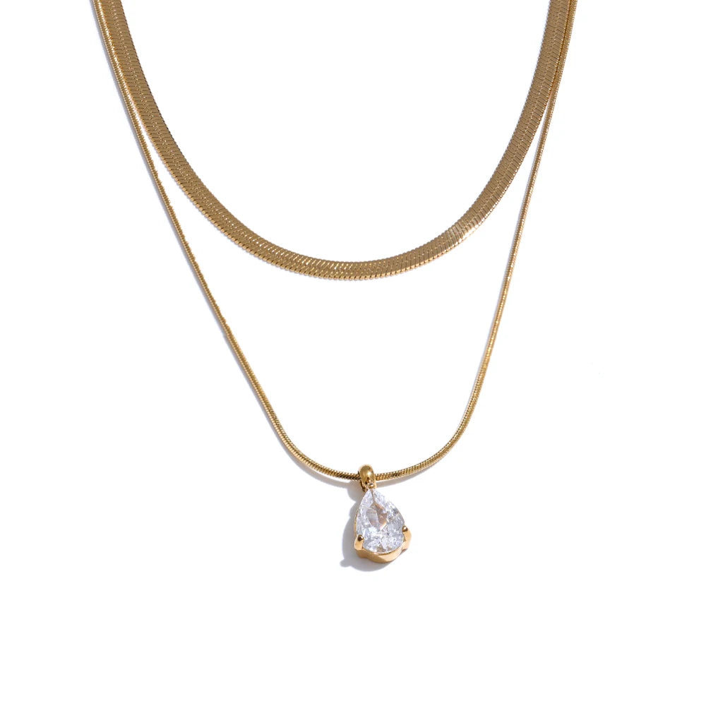 Double Layer Water Drop Pendant 18K Gold Plated Necklace