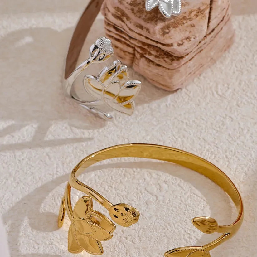 Big Flower Open Cuff Bracelet – Stainless Steel Gold Bangle
