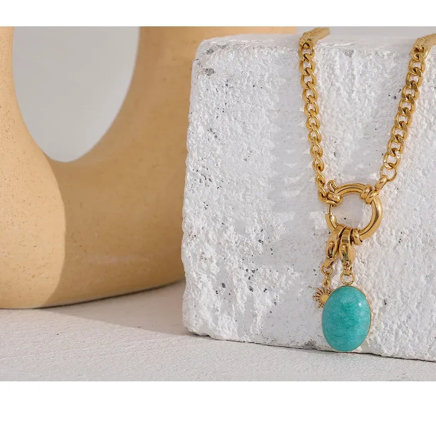 Blue Natural Stone Star Pendant Necklace – Waterproof Stainless Steel