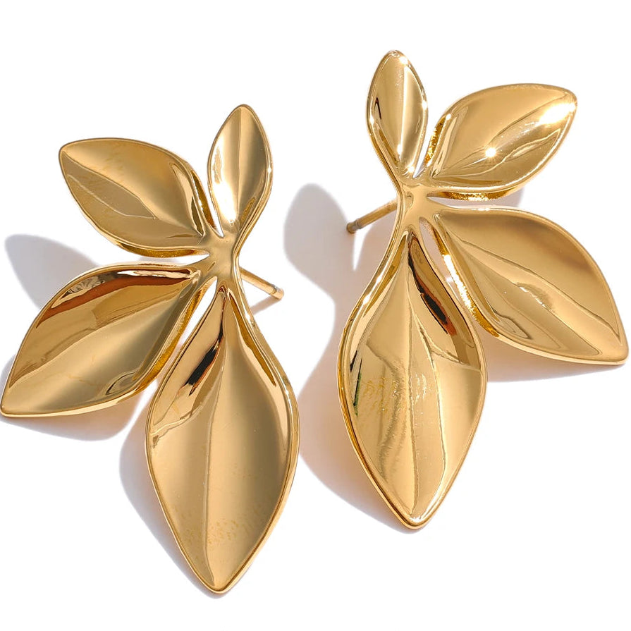 Stainless Steel Flower Leaves Stud Earrings - Hypoallergenic Waterproof Charm Texture High Quality Jewelry