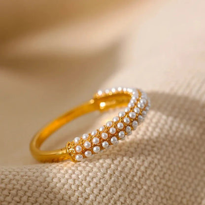 Luxe Jewels Elegant Pearls Stainless Steel Ring - 18K Gold Plated Jewelry