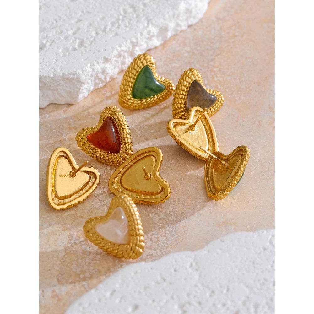 Stainless Steel Resin Heart Love Golden Stud Earrings Daily Wear Trendy Jewelry