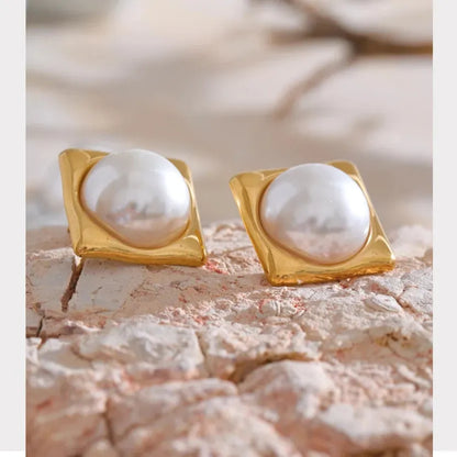 Elegant Square Pearl Stud Earrings – 316L Gold Plated