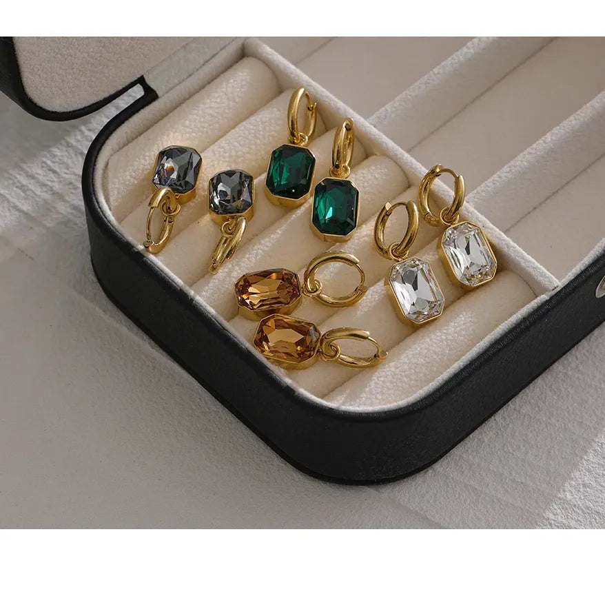 Stainless Steel Cubic Zirconia Drop Dangle Charms Trendy Earrings 18k-gold-plated Green Square Earring Jewelry