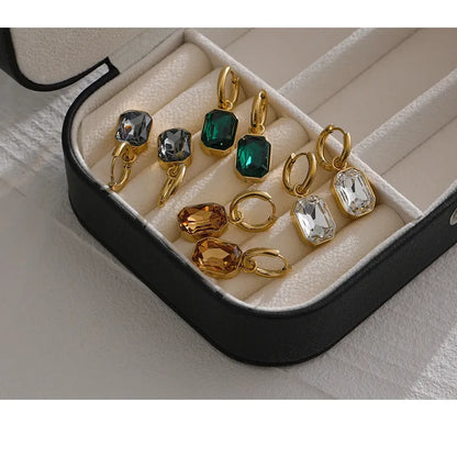 Stainless Steel Cubic Zirconia Drop Dangle Charms Trendy Earrings 18k-gold-plated Green Square Earring Jewelry