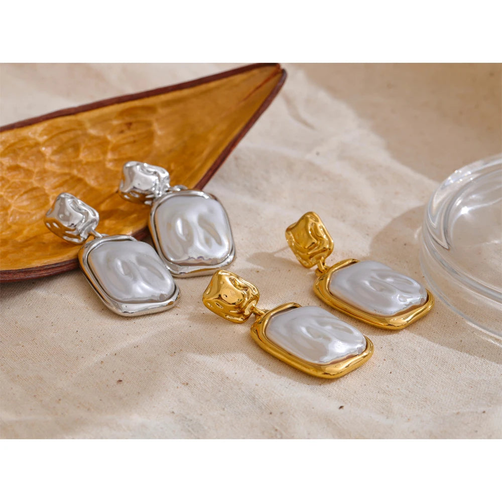 Stainless Steel Pearl Square Drop Earrings for Women Tarnish Resistant - Fashion Jewelry