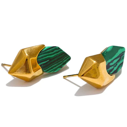 Gold Plated Green Malachite Geometric Earrings – Tarnish Resistant Studs
