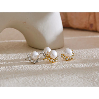 Pearl & Zirconia Stud Earrings – Gold Plated Water Resistant