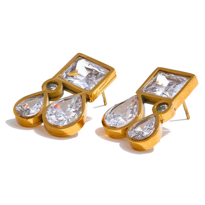 Shiny Cubic Zirconia Square Water Drop Teardrop Stud Earrings 316L Stainless Steel CZ Golden Premium Jewelry