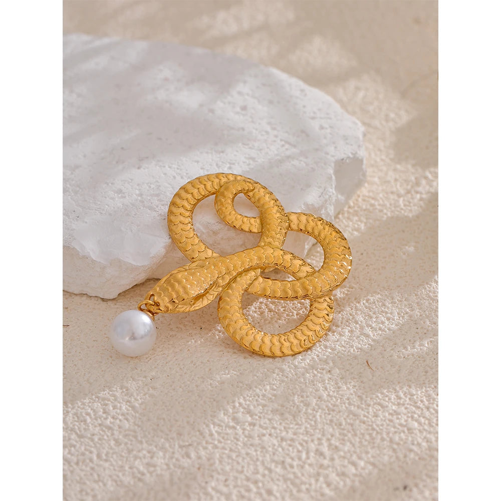 Snake Drop Pearl Brooch – 316L Stainless Steel Gold-Plated Pin