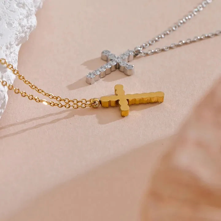 Cubic Zirconia Cross Pendant – 316L Gold Stainless Steel Necklace
