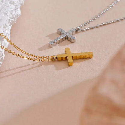 Cubic Zirconia Cross Pendant – 316L Gold Stainless Steel Necklace