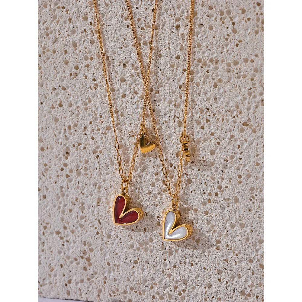 Red Enamel Heart Shell Pendant – Gold Stainless Steel Necklace