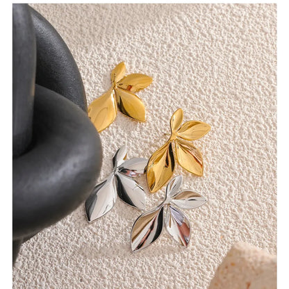 Stainless Steel Flower Leaves Stud Earrings - Hypoallergenic Waterproof Charm Texture High Quality Jewelry