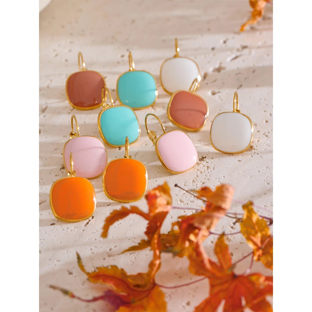 Joyful Candy Multicolored Enamel Square Hoop Earrings 18K Golden Plated Waterproof Stainless Steel Spring Summer Jewelry