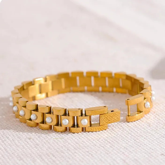 18cm Pearl / Cuban Zirconia Bracelet – 18K Gold Plated Stainless Steel Waterproof Jewellery