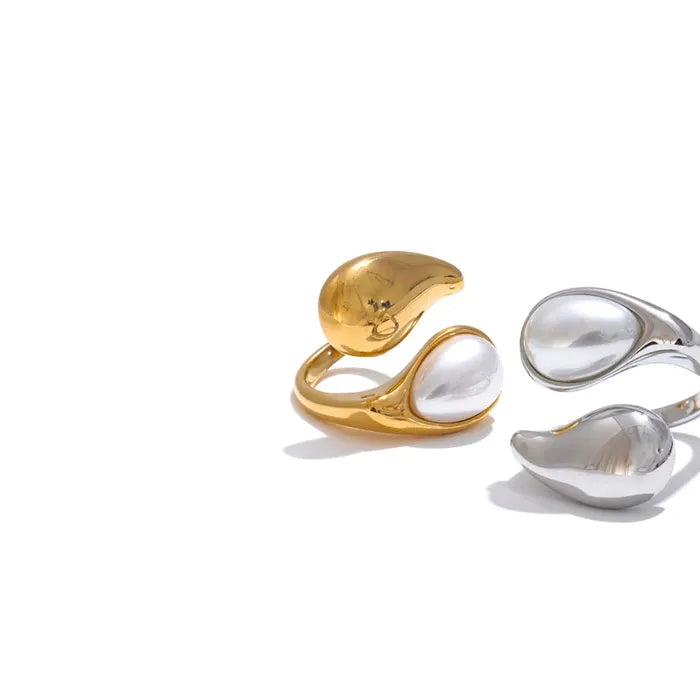 Luxe Jewels Pearl Adjustable Ring for Women - Stainless Steel Gold Jewelry