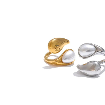 Luxe Jewels Pearl Adjustable Ring for Women - Stainless Steel Gold Jewelry