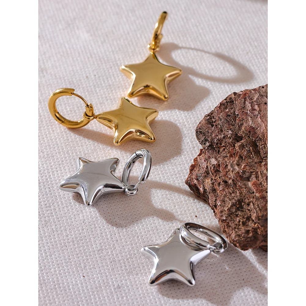 Fashion Stainless Steel Star Thick Drop Hoop Earrings Women - 18K Gold Plated Jewelry