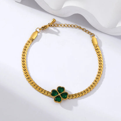 Green Crystal Clover Charm Bracelet – Waterproof Stainless Steel Bangle