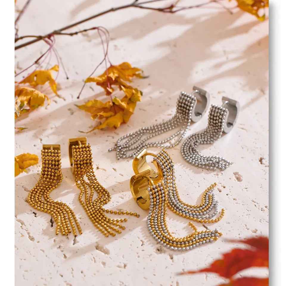 Stainless Steel Tassel Long Chain Drop Dangle Earrings Trendy Waterproof Jewelry