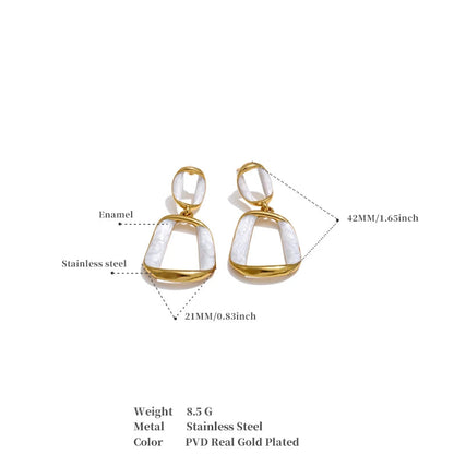Trendy Stainless Steel White Enamel Rectangular Hollow Drop Earrings 18K Gold Color Plated Jewelry