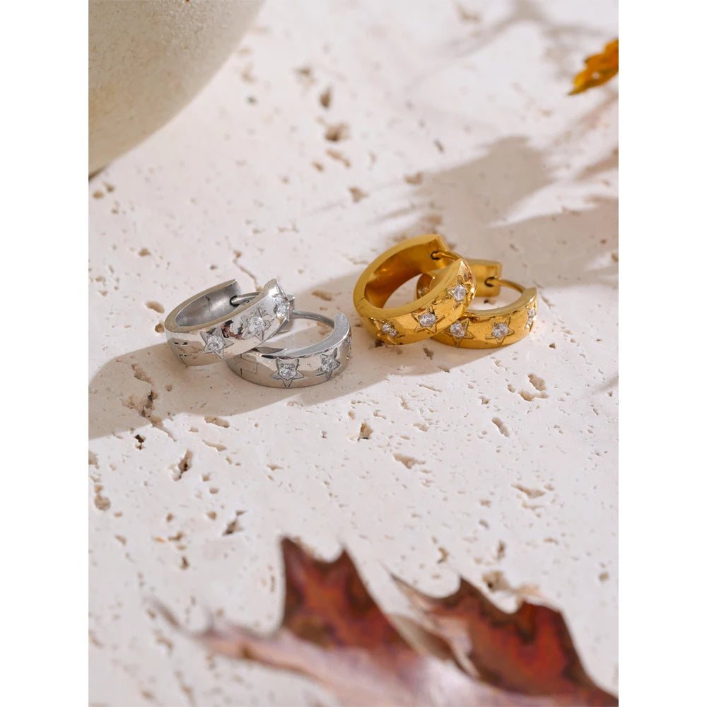 16mm Zirconia Star Round Daily Hoop Earrings for Women Hypoallergenic Stainless Steel High Quality Chic Jewelry