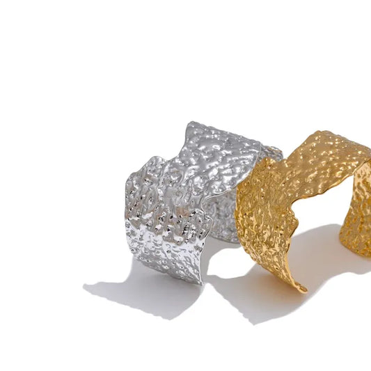 Hammered Wide Open Cuff – 18K Gold Stainless Steel Bracelet