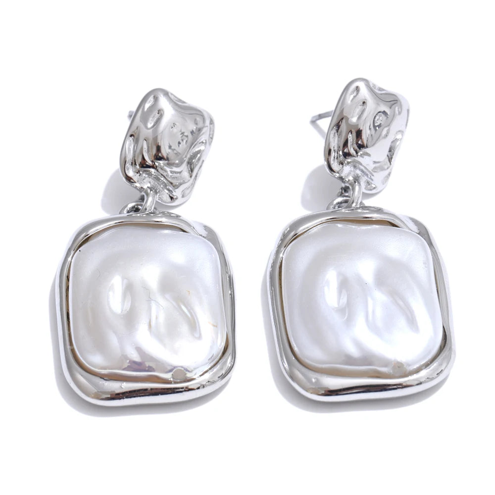 Stainless Steel Pearl Square Drop Earrings for Women Tarnish Resistant - Fashion Jewelry