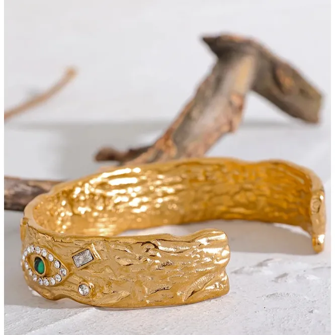 Eye Charm Zircon Cuff – 60mm Gold Plated Stainless Steel Bracelet