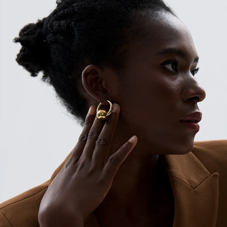 316L Stainless Steel Metal Round Ball Hoop Earrings Waterproof 18K Gold PVD Plated Charm Jewelry