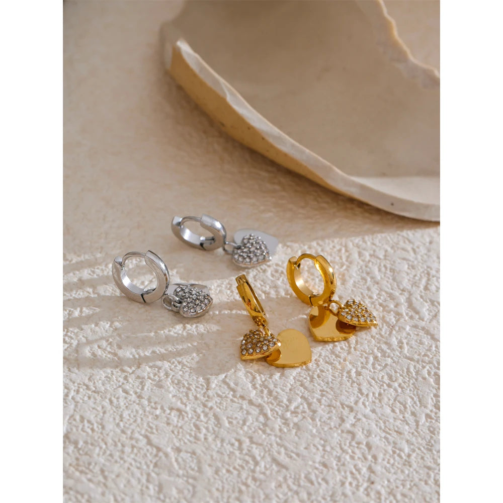 18K Gold Plated Stainless Steel Double Heart Cubic Zircon Drop Hoop Earrings for Women Hypoallergenic High Quality Jewelry