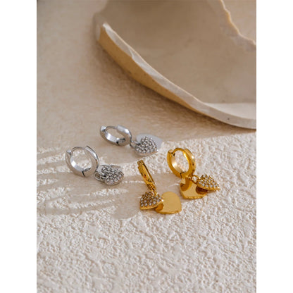 18K Gold Plated Stainless Steel Double Heart Cubic Zircon Drop Hoop Earrings for Women Hypoallergenic High Quality Jewelry